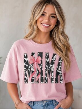 Mama Graphic Tee Pink Cow Print Bow Shirt Size Medium NWOT Trendy Mom Tee